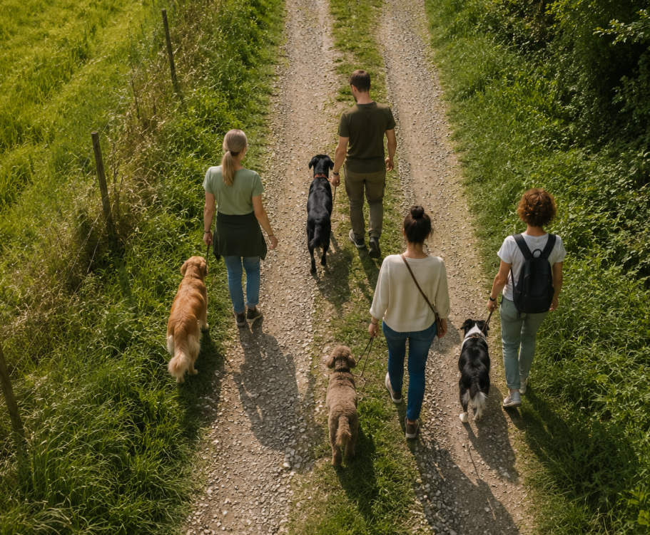 Hundetraining in der Gruppe: Mensch-Hund-Teams beim ThemenWalk auf einem Feldweg bei Karlsruhe.